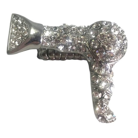 Chunky Silver Tone Rhinestone Hair Dryer Stylist Stretch Ring - Picture 2 of 3